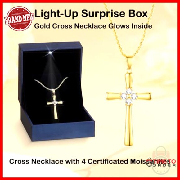 18K Gold Filled Moissanite Cross Pendant Necklace with Light Up Box - Picture 2 of 7